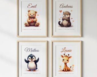 Personalisiertes Poster zur Geburt mit süßem Tiermotiv | Babyzimmer Deko mit Namen und Geburtsdaten | Geschenk für Jungen & Mädchen
