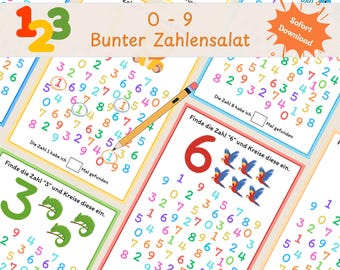 Bunter Zahlensalat: Zahlen suchen und finden | Konzentrationstraining Vorschule & Kindergarten | Zahlenraum 0-9 | Digitaler Download PDF