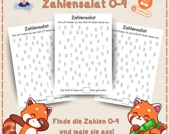 May include: A printable worksheet with three grids of numbers 0-9. The worksheet is titled "Zahlensalat 0-9" and has instructions to find and count the number of times each number appears in the grid. The worksheet features a cartoon red panda.