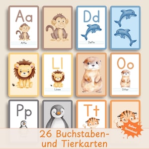 Tarjetas de letras y animales | Tarjetas imprimibles del alfabeto de animales | Aprender las letras para niños | Alfabeto de animales para preescolar en alemán | Descarga digital en PDF