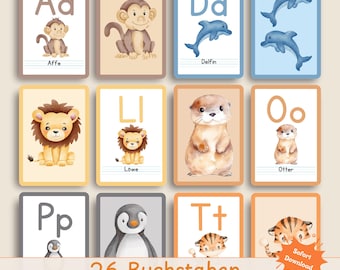 Può includere: Un set di flashcard illustrate con l'alfabeto e gli animali. Ogni carta mostra una lettera, un'illustrazione di un animale e il nome dell'animale. Le carte sono in stile acquerello e includono una scimmia, un delfino, un leone, una lontra, un pinguino e una tigre.