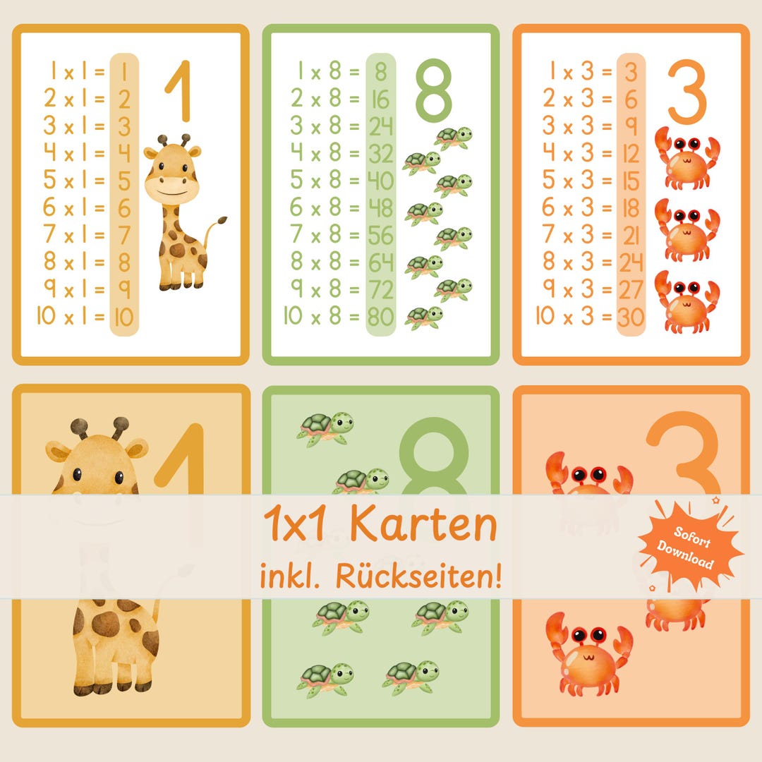 1x1 Lernkarten Kinder Druckbar | Multiplikationstabelle Tier Einmaleins