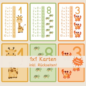 1x1 Lernkarten Kinder druckbar | Multiplikationstabelle Tier Einmaleins | Mathe Spiel Vorschule & Schule