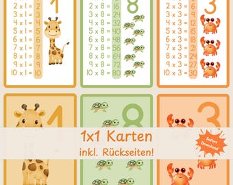 1x1 Lernkarten Kinder druckbar | Multiplikationstabelle Tier Einmaleins | Mathe Spiel Vorschule & Schule