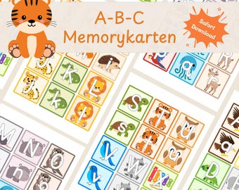 ABC Memory Spiel mit Tieren | Buchstaben Lernkarten für Kindergarten & Vorschule | Sofort Download PDF