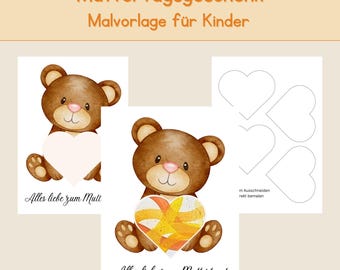 Muttertagsgeschenk basteln mit Kindern, Malvorlage Bär, Digitaler Download, DIY Geschenk für Mama, Bastelset Kindergarten & Grundschule