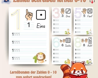 May include: A printable worksheet for learning to write numbers 0-10 in German. The worksheet features colorful illustrations of animals and dice. The text on the worksheet says "Zahlen schreiben lernen 0-10" and "Lernübungen der Zahlen 0-10 zum sofort ausdrucken!"