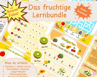Obst & Früchte Lernpaket | 40+ Arbeitsblätter für Vorschule und Grundschule | Rechnen, Schreiben, Logik Spiel | Digitaler Download PDF