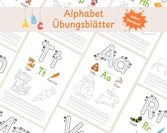 Alphabet schreiben lernen PDF | 37 Seiten ABC Übungsblätter Vorschule Grundschule | Buchstaben nachspuren Bonusübungen | Digitaler Download