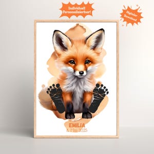 Póster de huella de bebé personalizado | Regalo de nacimiento niño niña | Imagen de zorro | Descarga digital A4 A3 | Decoración de habitaciones infantiles