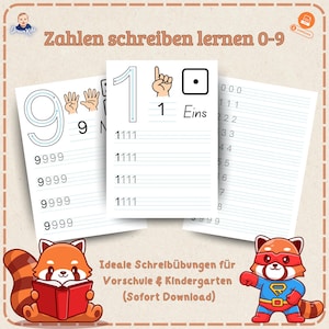 Könnte beinhalten: Ein druckbares Arbeitsblatt zum Erlernen des Schreibens der Zahlen 0-9. Das Arbeitsblatt zeigt eine Zahl 9 mit einer gestrichelten Linie zum Nachzeichnen, eine Hand mit neun Fingern und die Zahl 9 viermal geschrieben. Das Arbeitsblatt zeigt auch eine Zahl 1 mit einer gestrichelten Linie zum Nachzeichnen, eine Hand mit einem Finger, einen Würfel mit einem Punkt und das Wort "Eins". Das Arbeitsblatt hat Linien zum mehrmaligen Schreiben der Zahl 1.