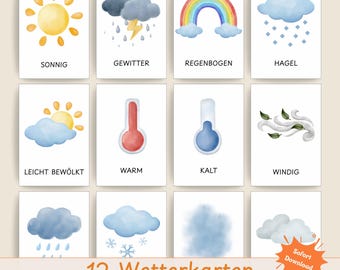 Wetterkarten Kita Lernkarten Vorschule Kindergarten | Wetter lernen Kinder | Digitale Datei zum Ausdrucken | Montessori Materialien