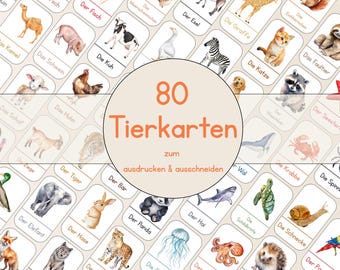 80 Tierkarten für Kinder | PDF zum Ausdrucken | Lernkarten Tiere Set | Bildkarten Kindergarten & Vorschule KiTa lernen | Digitaler Download