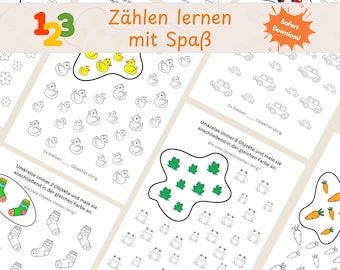 Può includere: Fogli di lavoro educativi stampabili per bambini. Le pagine presentano esercizi di conteggio con illustrazioni di anatre, auto, rane e carote. Il testo "Zählen lernen mit Spaß" è visualizzato in un banner, e i numeri 1, 2 e 3 sono visibili.