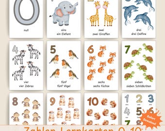 Zahlen Lernkarten 0-10 mit Tieren zum Ausdrucken | Lernspiel für Vorschule & Kindergarten | Montessori Material zum Zählen lernen | PDF
