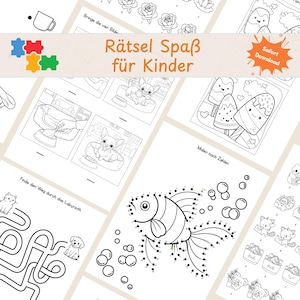Könnte beinhalten: Eine Sammlung von schwarz-weißen Kinder-Aktivitätsseiten. Die Seiten enthalten Punkt-zu-Punkt-Spiele, Labyrinthe und Ausmalbilder. Der Text "Rätsel Spaß für Kinder" ist in der Mitte zu sehen, mit "Sofort Download" in einem Stern.