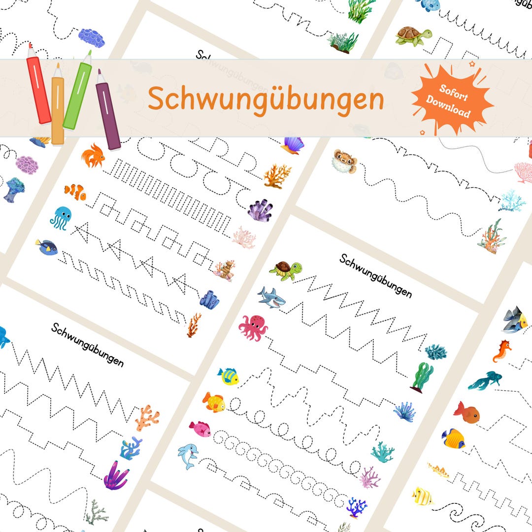 Schwungübungen Meerestiere Für Kinder – 10 Digitale Übungsblätter Für