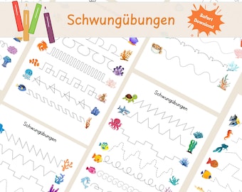 Può includere: Fogli di lavoro stampabili con linee tratteggiate per esercitarsi a tracciare. I fogli presentano illustrazioni colorate di creature marine e coralli, con il testo tedesco "Schwungübungen" e un badge "Download immediato".