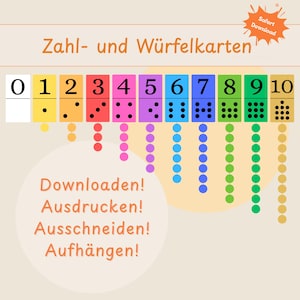 Może przedstawiać: Kolorowy wykres edukacyjny z domino ponumerowanymi od 0 do 10, każdy z odpowiednimi kropkami. Tekst "Zahl- und Würfelkarten" znajduje się na górze, z instrukcjami w języku niemieckim poniżej.