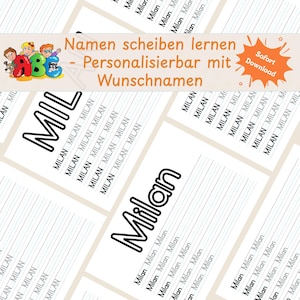 Puede incluir: Una hoja de trabajo imprimible para aprender a escribir el nombre "Milan". El diseño presenta el nombre en letras grandes y en negrita, con líneas para practicar. El banner dice "Namen scheiben lernen - Personalisierbar mit Wunschnamen" y "Sofort Download".