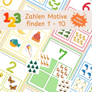 Könnte beinhalten: Ein farbenfrohes Lernspiel mit den Zahlen 1-10 und verschiedenen passenden Bildern. Das Spiel enthält Karten mit Zahlen und Illustrationen von Objekten wie Schmetterlingen, Giraffen und Raupen. Der Text "Zahlen Motive finden 1 - 10" ist zu sehen.