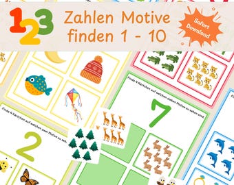 Zahlen und Mengen lernen 1-10 | Zählspiel Motive finden | Montessori Mathe Vorschule Kindergarten | Digitaler Download PDF | Erstes Rechnen