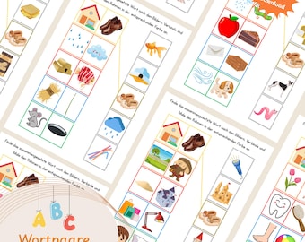 Puede incluir: Hojas de juego imprimibles educativas con ilustraciones coloridas. Las hojas presentan actividades de emparejamiento con imágenes y palabras, incluyendo un muñeco de nieve, una casa, zapatos y una manzana. El texto "Wortpaare verbinden" es visible. También hay una pegatina "Sofort Download".