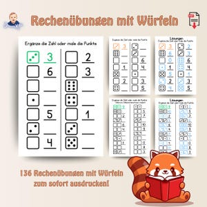 Puede incluir: Una hoja de trabajo imprimible con 136 problemas de matemáticas con dados. La hoja de trabajo está diseñada para que los niños practiquen el conteo y la suma de números. La hoja de trabajo incluye una imagen de un panda rojo leyendo un libro.