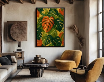 Monstera Wall Art stampabile, arte digitale botanica tropicale in verde e arancione, decorazioni ispirate alla giungla da scaricare per case in stile boho o rustico.