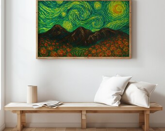 Van Gogh Inspired Starry Landscape Printable – Swirling Sky & Mountain Wall Art, Contemporary Digital Download for Home Decor