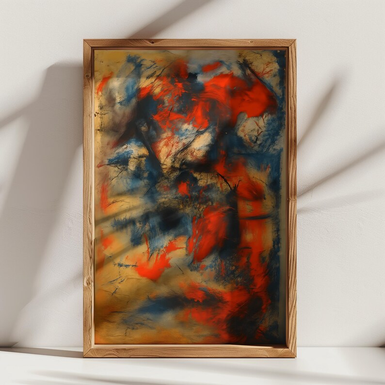 Emotive Abstract Expressionist Wall Art – Fiery Red & Blue Digital ...