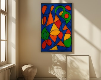 Geometric Red and Blue Abstract Wall Art, Printable Modern Colourful Shapes, Contemporary Digital Art Decor, Instant Download