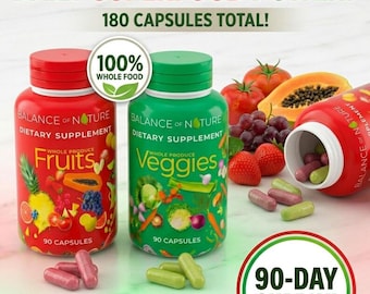 Suplemento alimenticio integral de frutas y verduras, 180 cápsulas, mezcla de superalimentos.
