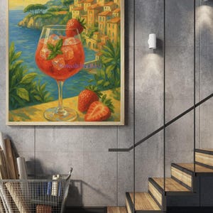 イタリア海岸のウォールアート - キッチンの装飾に最適なストロベリードリンクポスター