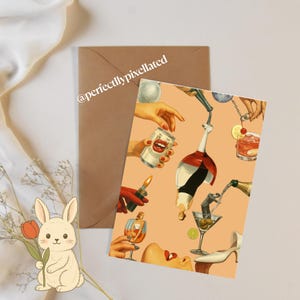 Bundle Trendy Grußkarte - Pariser Café, Cocktails, freches Obst & Erdbeer-Wortspiel | 4er Pack von ästhetischem Briefpapier