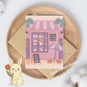 Summer Café Greeting Card – Beachy Pastel Ice Cream Shop Illustration, ‘Hit the Waves’ Watermelon & Lemonade Theme, Perfect for Summer Notes