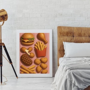 Stampa artistica di fast food kawaii – Poster di hamburger, patatine fritte e nugget – Decorazione da parete retrò per diner – Estetica del cibo spazzatura in 3D