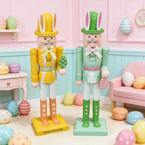 Puede incluir: Dos cascanueces con temática de Pascua, uno amarillo y otro verde, cada uno con orejas de conejo y sosteniendo un adorno en forma de huevo. El cascanueces amarillo tiene el texto "Chester's First Easter" en su base. El fondo presenta huevos de Pascua y decoración pastel.