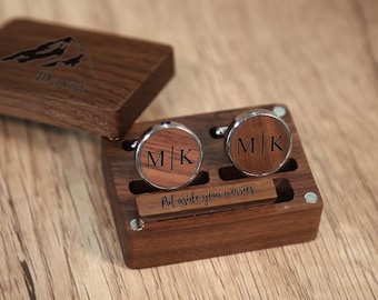 Personalized Wooden Cufflinks and Tie Clip Set,Engraved Groomsmen Cufflinks,Fathers Day Gift, Wedding Cuff Links Tie Clip Set,Groomsman Gift