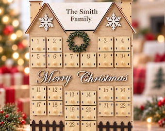 Wooden House Advent Calendar, 24 Drawers with Lights, Personalized Family Christmas Countdown Decor, Xmas
