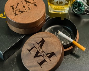 Personalized Walnut Wood Ashtray, Engraved Smoker Gift