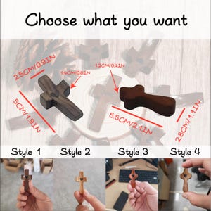 May include: Wooden crosses in various styles, with dimensions labeled in centimeters and inches. The image shows four different cross designs, each with unique features and wood tones. The text "Choose what you want" is at the top.
