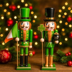 Handcrafted Wooden Nutcracker Soldier, Irish Leprechaun Green Decor, Unique Christmas Gift for Him