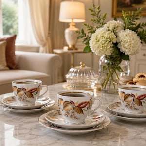 May include: Three white porcelain teacups and matching saucers featuring a painted pattern of brown and red leaves with gold trim. Each cup is filled with dark liquid and sits on a marble surface, arranged with a glass bowl of biscuits.