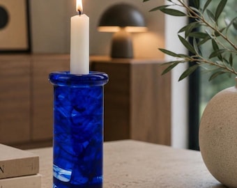 Kosta Boda Blue Glass Candle Holder | Cobalt Swirl Scandinavian Candlestick | Nordic Modern Art Glass