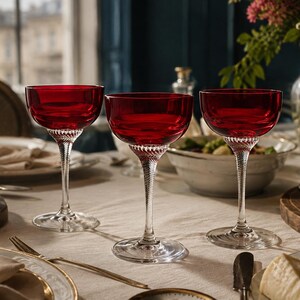 May include: Three coupe glasses with deep red bowls and clear, textured stems featuring a spiral pattern. The glasses have wide, circular bases and are designed for serving beverages, showcasing a contrast between the coloured glass and clear base.