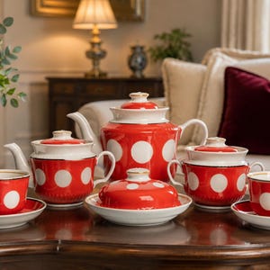 May include: A tea set featuring a large teapot, a smaller teapot, a lidded sugar bowl, a lidded butter dish, and two teacups with saucers. Each piece is bright red with large white polka dots and thin gold trim along the rims and handles.