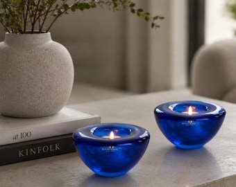 Kosta Boda Blue Glass Candle Holder Scandinavian Art Glass Tealight Votive Swedish Modern Decor
