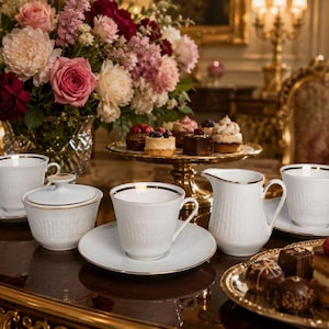 May include: A white porcelain tea set featuring a subtle embossed texture and delicate gold trim. The set includes multiple teacups with matching saucers, a lidded sugar bowl, and a creamer pitcher, all arranged on a dark surface with desserts.