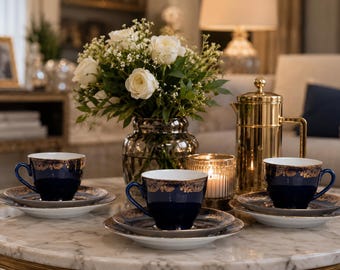 May include: Three dark navy blue teacups with gold filigree rims sit on matching saucers. A glass vase holds white roses and baby's breath, accompanied by a gold-toned metal French press and a small glass candle holder with a lit candle.